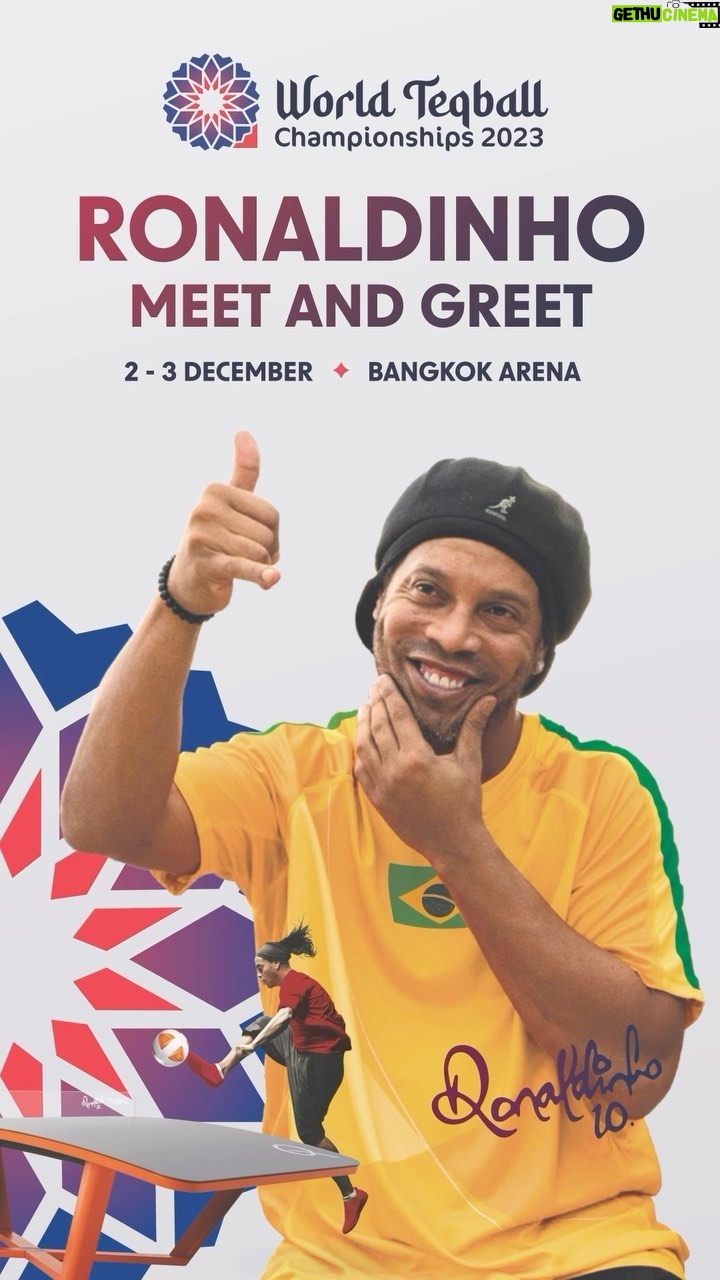 Ronaldinho Instagram - @ronaldinho is in town for the World Teqball Championships 2023 πΉππ Letβs meet the legend and witness the magic unfold on the Teqball court! π€©π§π· β’ βοΈ Meet and greet with Ronaldinho ποΈ Bangkok Arena, Thailand ποΈ 2-3 December ποΈ Free Entry β’ #Teqball #Ronaldinho #WorldIsCurved #Teq #Thailand #Thai #Bangkok #TeqballWCH #SeeYouInBangkok Bangkok, Thailand