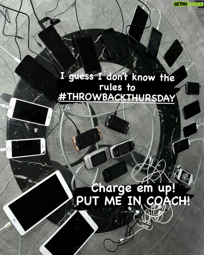 Royce Reed Instagram - I guess I don’t know the rules to #ThrowbackThursday … They said “Charge ‘em Up”… I said “Put Me in Coach!” Pls don’t call my bluff… I DON’T LIE! My real life is unbelievable enough! I have all the chargers! Yes that’s a flash drive under the smashed one.