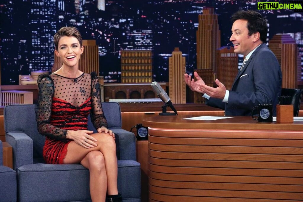 Ruby Rose Instagram - Tune into Jimmy Fallon tonight where we talk about.. well.. lots of things. Also I tackle the hard issues of finding a graceful way to sit in this very short dress.. which was also a sound department nightmare to mic.