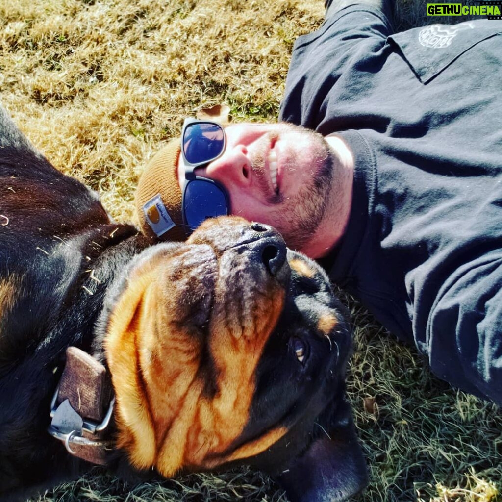 Ryan Merriman Instagram - Business all week....carhartt and cuddles in the grass on the weekends! #blessed #rottweiler #getoutside and get dirty sometimes people!!! Its good for ya👍😎