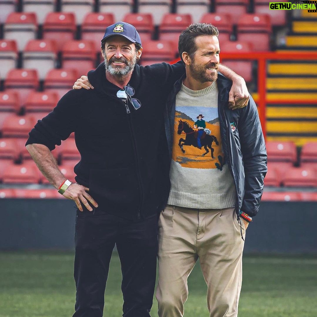 Ryan Reynolds Instagram - Epic opening day at @wrexham_afc. The @mkdonsfc played like heroes. Big thanks to @thehughjackman for his first and last day as “Admiral Vice Football Operations Ombudsman” because I just found out you made the fucking title up. ⚔️🏴⚔️ 📷: @steaddotphotos