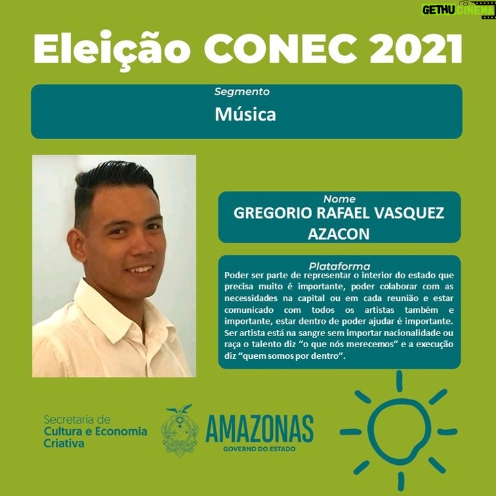 Ryan Vasquez Instagram - CARD DA CANDIDATURA - CONEC 2021 Fazer Parte dos representantes da Sociedade Civil na função de Conselheiros Estaduais de Cultura seria uma oportunidade e um passo muito grande. Poder opinar, analisar, discutir, aprovar todos os projetos, as ideias entre outras opções recreativas e criativas para beneficiar o entretenimento do estado e a política da cultura. Poder ser parte de representar o interior do estado que precisa muito é importante, poder colaborar com as necessidades na capital ou em cada reunião e estar comunicado com todos os artistas também é importante, estar dentro de poder ajudar é importante. Ser artista está na sangre sem importar nacionalidade ou raça. O talento diz “o que nós merecemos” e a execução diz “quem somos por dentro”. Estou muito grato com o governo do amazonas e a secretaria de cultura do estado. Por acreditar #RyanVasquez @culturadoam @governo_do_amazonas @wilsonlimaam Humaitá, Amazonas