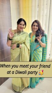 Sai Lokur Instagram - Diwali is all about dressing up 😅 And this is what girlfriends do when they meet at a Diwali party 🥳 Just looking like a WOW 👌 Comment with a 👍if you agree! [Diwali party, Diwali vibes,Diwali outfit, Diwali 2023, Friends, Saree love, Dress up, Just looking like a wow] #justlookinglikeawow #diwalibash #diwaliparty #sareelove #sareereels #jasmeetkaur #happydiwali #friendsreels #friendsforever