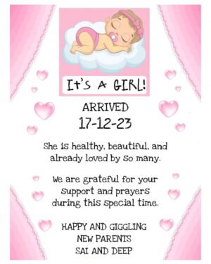 Sai Lokur Instagram - All of God's grace, in one tiny face.

We are overjoyed to announce the arrival of our baby girl.
Both mumma and baby are doing fine. 
Thank you for all the love and wishes.