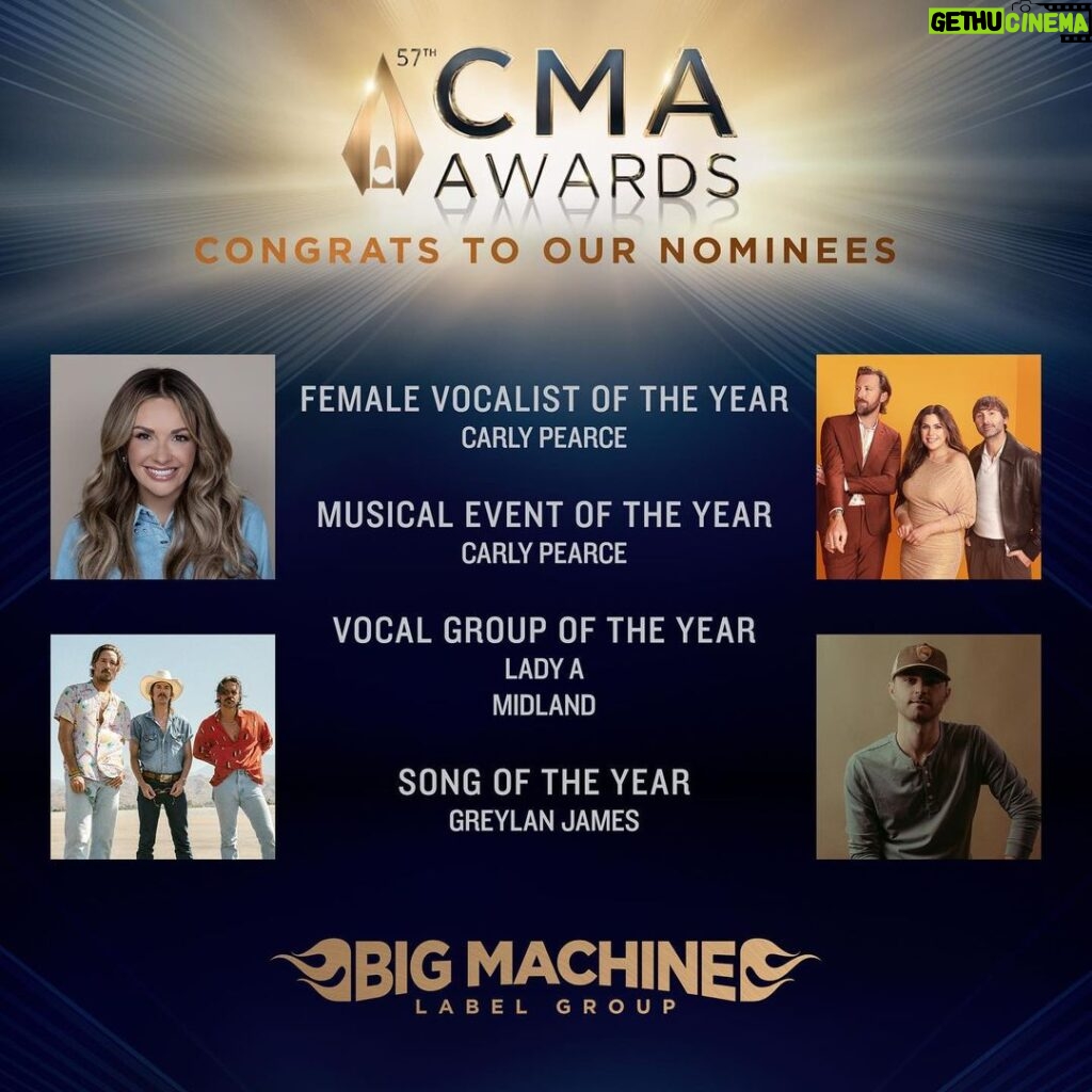 Scott Borchetta Instagram - I love awards show season. I especially love when the #BMLGfamily gets acknowledged for their artistry and musicianship. To say that it takes a MACHINE is an understatement. Thank you to everyone for supporting us and bringing this music to life. 👊👊 You know who you are… Let’s celebrate Country Music’s BIGGEST Night LIVE from Nashville on November 8 at 8/7c on ABC! @cma • @carlypearce • @ladya • @midland • @greylanjames