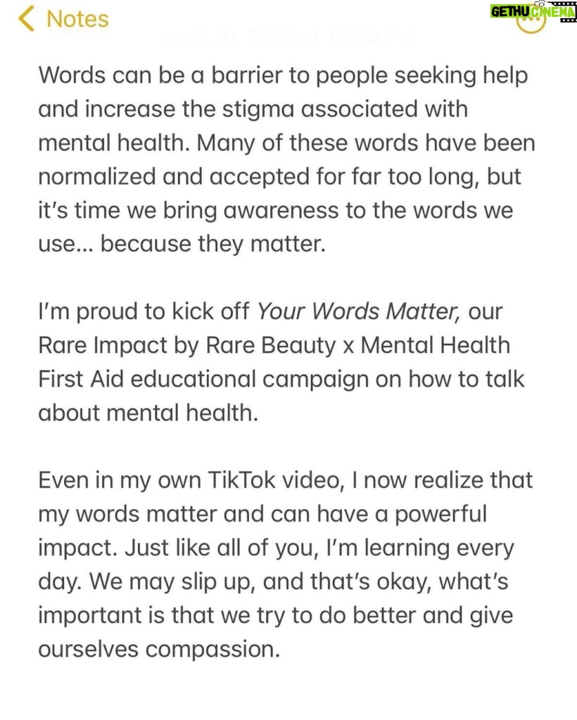 Selena Gomez Instagram - Your words matter.❤️ Join @RareBeauty for Mental Health Awareness Month as we share resources and bring awareness to the power of your words all month long on IG and RareBeauty.com/RareImpact. Together we can break the stigma.