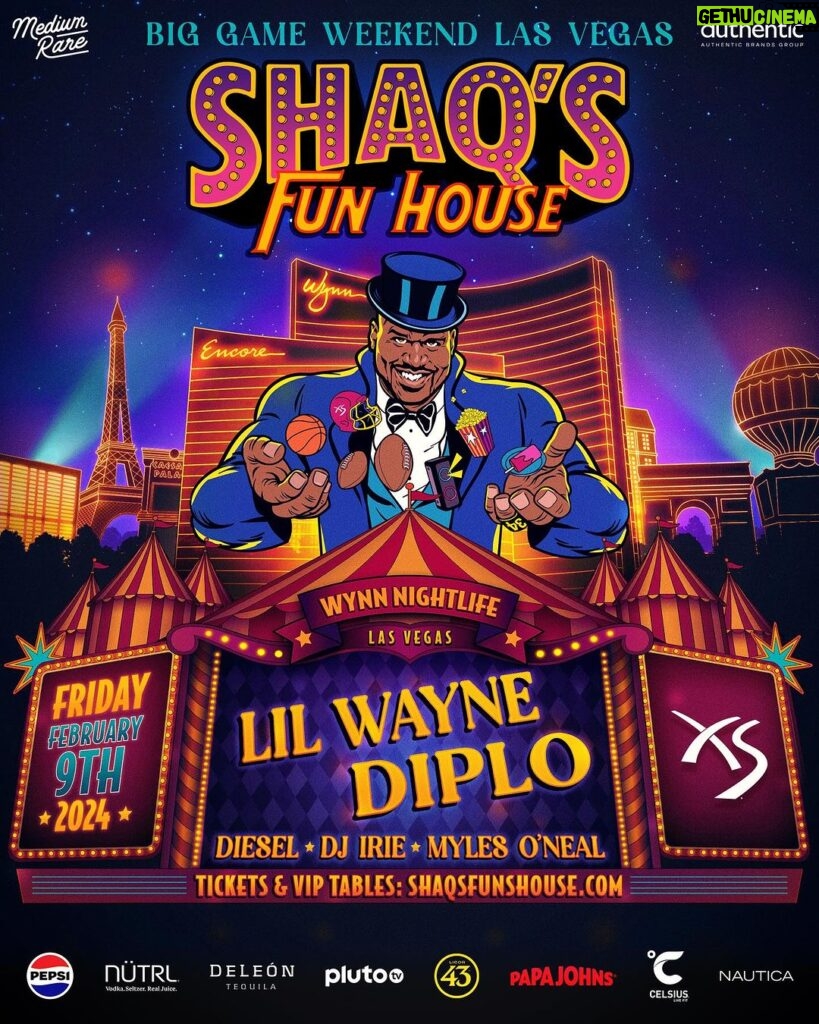 Shaquille O'Neal Instagram - Join me in LAS VEGAS for Big Game Weekend’s most over-the-top event! 🎰 🏈 🏆 Part Festival, Part Carnival, @liltunechi & @diplo will be rocking the @xslasvegas mainstage. Plus, experience Shaq’s Carnival Midway with unforgettable performers, games, attractions, and so much more. Tickets from $99 and VIP Tables are on-sale now at ShaqsFunHouse.com! Las Vegas, Nevada