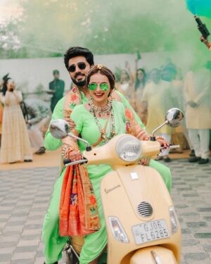 Shrenu Parikh Instagram - The start of a new chapter , sealed with Haldi 💛 💚 
 
Love, laughter and family 🥰 #LoveAtFirstTake 
.

Outfits of me and Akshay specially curated with love by @reenachopra 
Styled by @reenachopra 
Jewellery @sonisapphire 
Jewellery Styled by @nehaadhvikmahajan 
Bangles by : @rajputi_chuda_store 
Photography by @oragraphy 

Decor @the.creative.window 
.
Make -up by @the_beautytown 
.
Hair by @shinejanarthanan @mmtimemachine 
Event managed by @thetuliptouch 
Catering by @barodacaterers