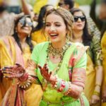 Shrenu Parikh Instagram - મારી peethi/ हळदी💛💚 . Styled by @nehaadhvikmahajan . Outfit by @reenachopra . Jewellery by @sonisapphire . Nath by @gandevikarjewellers_pvt_ltd . Make up by @the_beautytown . Hair by @shinejanarthanan @timemachinebrides . Bangles by @rajputi_chuda_store . Shoes by @thequirkynaari . Photography by @oragraphy @canonindia_official . Decor by @the.creative.window . Event managed by @thetuliptouch . Catering by @barodacaterers