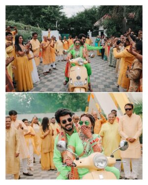 Shrenu Parikh Instagram - The start of a new chapter , sealed with Haldi 💛 💚 
 
Love, laughter and family 🥰 #LoveAtFirstTake 
.

Outfits of me and Akshay specially curated with love by @reenachopra 
Styled by @reenachopra 
Jewellery @sonisapphire 
Jewellery Styled by @nehaadhvikmahajan 
Bangles by : @rajputi_chuda_store 
Photography by @oragraphy 

Decor @the.creative.window 
.
Make -up by @the_beautytown 
.
Hair by @shinejanarthanan @mmtimemachine 
Event managed by @thetuliptouch 
Catering by @barodacaterers