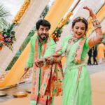 Shrenu Parikh Instagram - The start of a new chapter , sealed with Haldi 💛 💚 Love, laughter and family 🥰 #LoveAtFirstTake . Outfits of me and Akshay specially curated with love by @reenachopra Styled by @reenachopra Jewellery @sonisapphire Jewellery Styled by @nehaadhvikmahajan Bangles by : @rajputi_chuda_store Photography by @oragraphy Decor @the.creative.window . Make -up by @the_beautytown . Hair by @shinejanarthanan @mmtimemachine Event managed by @thetuliptouch Catering by @barodacaterers