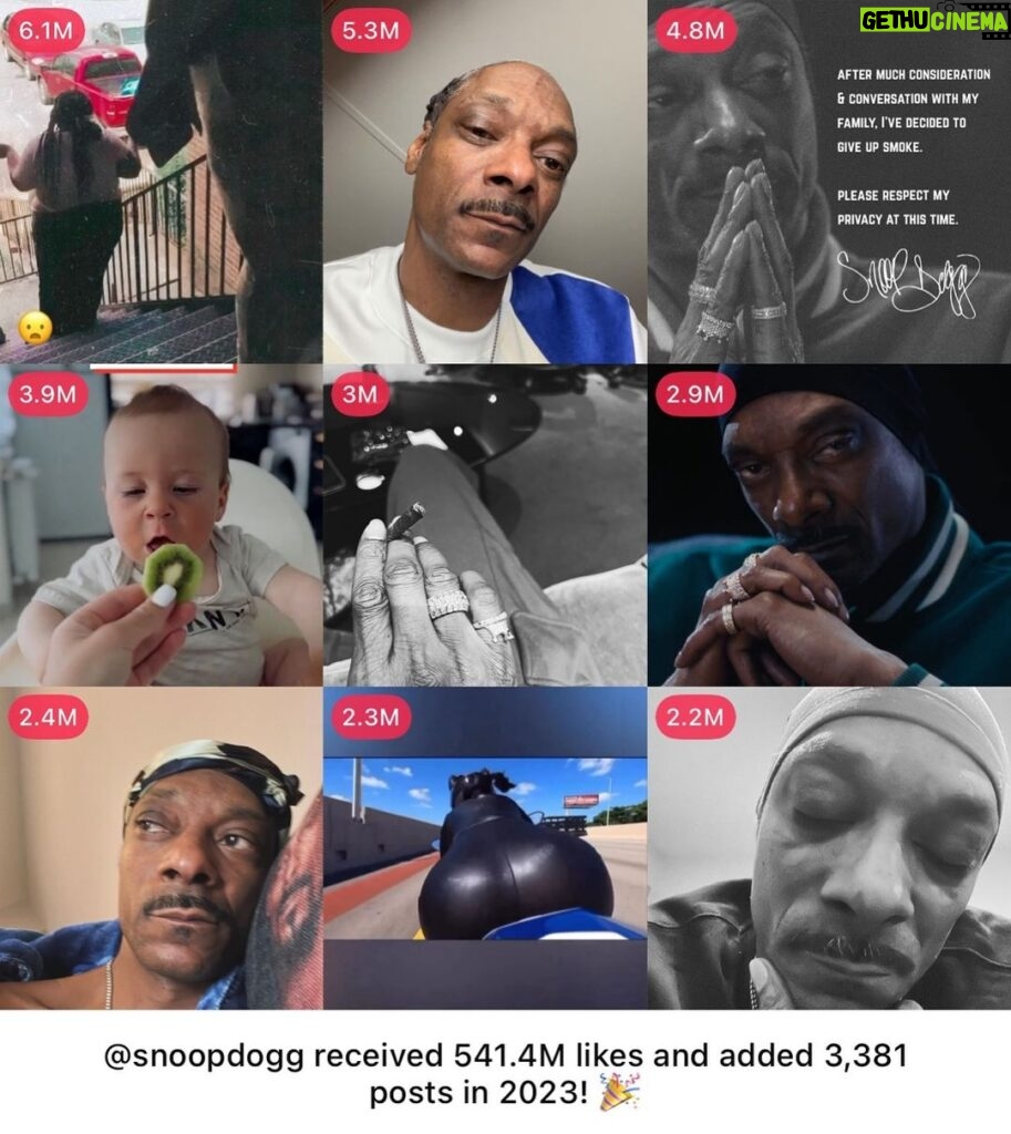 Snoop Dogg Instagram - My top 9 posts 2023. Thank yall. Luv givin a laugh 💯 💭 🎉 🍾