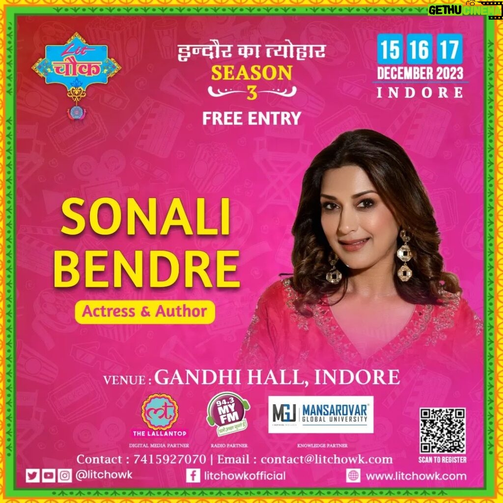 Sonali Bendre Instagram - मशहूर अभिनेत्री एवं लेखिका सोनाली बेंद्रे जी आ रही हैं हम सब से मिलने Lit-चौक सीज़न 3 के मंच पर। . Sonali Bendre Behl is an award-winning Indian Film Actress, author, TV personality, and Brand Ambassador, who has seen tremendous success for her work across the country in various languages. She is the author of the very candid and real 'Modern Gurukul', outlining her experiences as a mother. Her lifelong passion for books gave birth to 'Sonali's Book Club'. Currently in its 7th year, it is the largest book club in India and has gained widespread acclaim as a respected digital community. . 15-16-17 दिसंबर 2023 गांधी हॉल, इंदौर | @iamsonalibendre @sonalisbookclub . #litchowk #litchowkindore #litchowk2023 #indorekatyohar