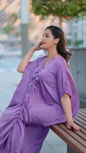 Sowmya Menon Instagram - Shining In The Setting Sun🌞💜💜 💄@alsaa_beauty 📷@vibethinks 👗@resha_by_rehana_shana #skr #shootdiaries #fashionstyle