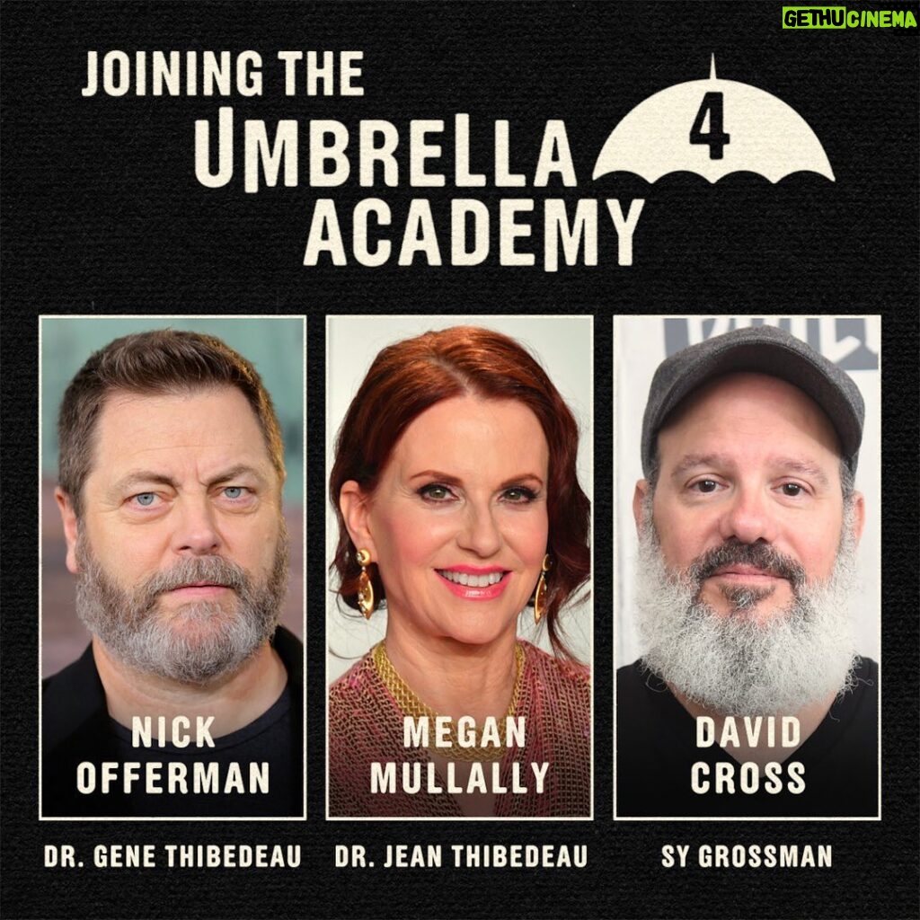 Steve Blackman Instagram - The Umbrella Academy family is getting even bigger: welcome Nick Offerman, Megan Mullally and David Cross to the cast in the final season! @umbrellaacad @netflix @netflixgeeked