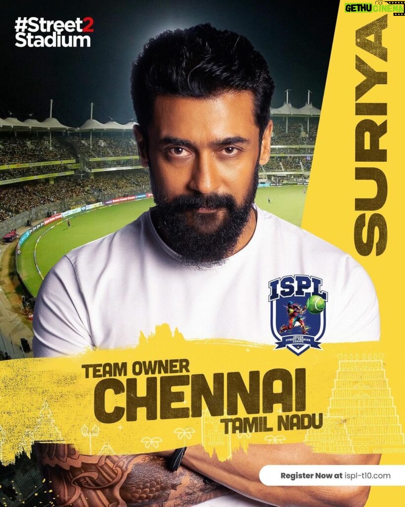 Suriya Instagram - Vanakkam Chennai! I am beyond electrified to announce the ownership of our Team Chennai in ISPLT10. To all the cricket enthusiasts, let’s create a legacy of sportsmanship, resilience, and cricketing excellence together. Register now at ispl-t10.com!🏏 #ISPL @ispl_t10 #Street2Stadium | @surajsamat @ravishastriofficial @amol_kale76 @advocateashishshelar