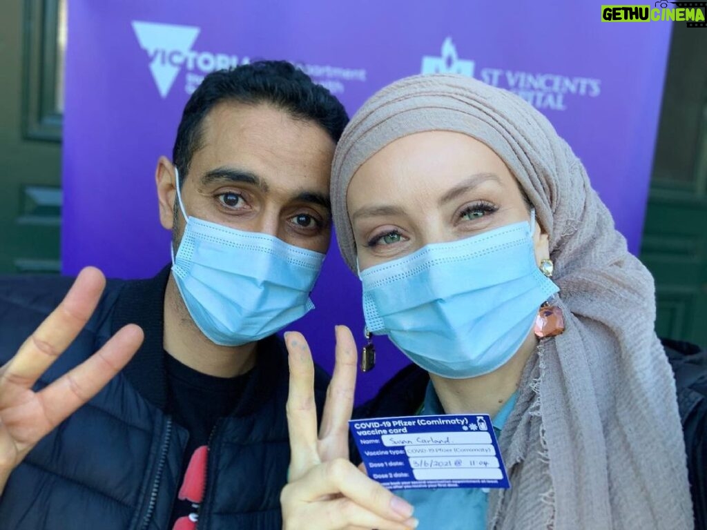 Susan Carland Instagram - V for Vaccinated! So happy and grateful that we were now both eligible for our Covid vaccine in Melbourne! It was probably the least painful vax I’ve ever had (Waleed only cried a little bit. So proud of him). A couple of hours later and I feel totally fine - no second head has grown! 🙃 Working with @unicefaustralia I know how many people around the world aren’t able to get vaccinated and I know me getting it helps protect the community. Nobody is safe until everybody is safe. ✌️ for #vaccinated EDITED TO ADD: turning off comments because this was descending into a dumping ground for antivax conspiracy, never backed by facts or evidence, and (intriguingly often) really rude and often using bizarre personal attacks, despite my attempts to engage politely and respectfully. So, go somewhere else 😊 My Insta isn’t for dangerous, unscientific comments to be platformed 🤷‍♀️
