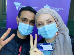 Susan Carland Instagram - V for Vaccinated! So happy and grateful that we were now both eligible for our Covid vaccine in Melbourne! It was probably the least painful vax I’ve ever had (Waleed only cried a little bit. So proud of him). A couple of hours later and I feel totally fine - no second head has grown! 🙃 Working with @unicefaustralia I know how many people around the world aren’t able to get vaccinated and I know me getting it helps protect the community. Nobody is safe until everybody is safe. ✌️ for #vaccinated EDITED TO ADD: turning off comments because this was descending into a dumping ground for antivax conspiracy, never backed by facts or evidence, and (intriguingly often) really rude and often using bizarre personal attacks, despite my attempts to engage politely and respectfully. So, go somewhere else 😊 My Insta isn’t for dangerous, unscientific comments to be platformed 🤷‍♀️