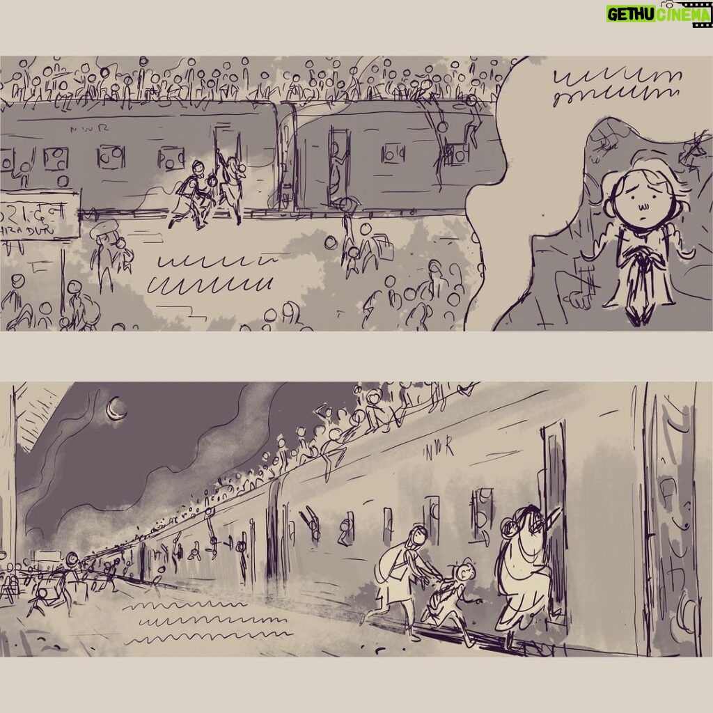 Tarun Lak Instagram - “Clickety-clack, chugging along the track. We cannot go back” This was the first spread I worked on for ‘The Moon from Dehradun’ 🌙 and also took the longest. It was the heaviest scene to draw to carry the reality of hoards of people having to flee across the border on trains, literally packed to the roofs of the carriages. I tried to show a little story with each of the individual people in the crowd, since they would’ve all had a unique experience going through the traumatic Partition. This still being Azra’s story, it was important to show it from her point of view. I played with a few compositions before landing on this one, with the help of my art director on the project. A print of this will be hung up at the Original Art Show by the Society of Illustrators in New York. If you’re around November 10 to February, feel free to drop by. I’m thrilled to be featured in their show. Text by @shirinshamsi1 ✨ Published by @simonkids #themoonfromdehradun #picturebook #illustration #indiapakistan #partition #kidlitart
