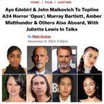 Tatanka Means Instagram – 🎞️ Excited to share this news🙏 Grateful to go back to work filming w an amazing cast & director and badass sister @ambermidthunder Thank you for the love n support ❤️‍🔥🎥 

https://deadline.com/2023/11/opus-movie-ayo-edebiri-john-malkovich-murray-bartlett-1235597407/