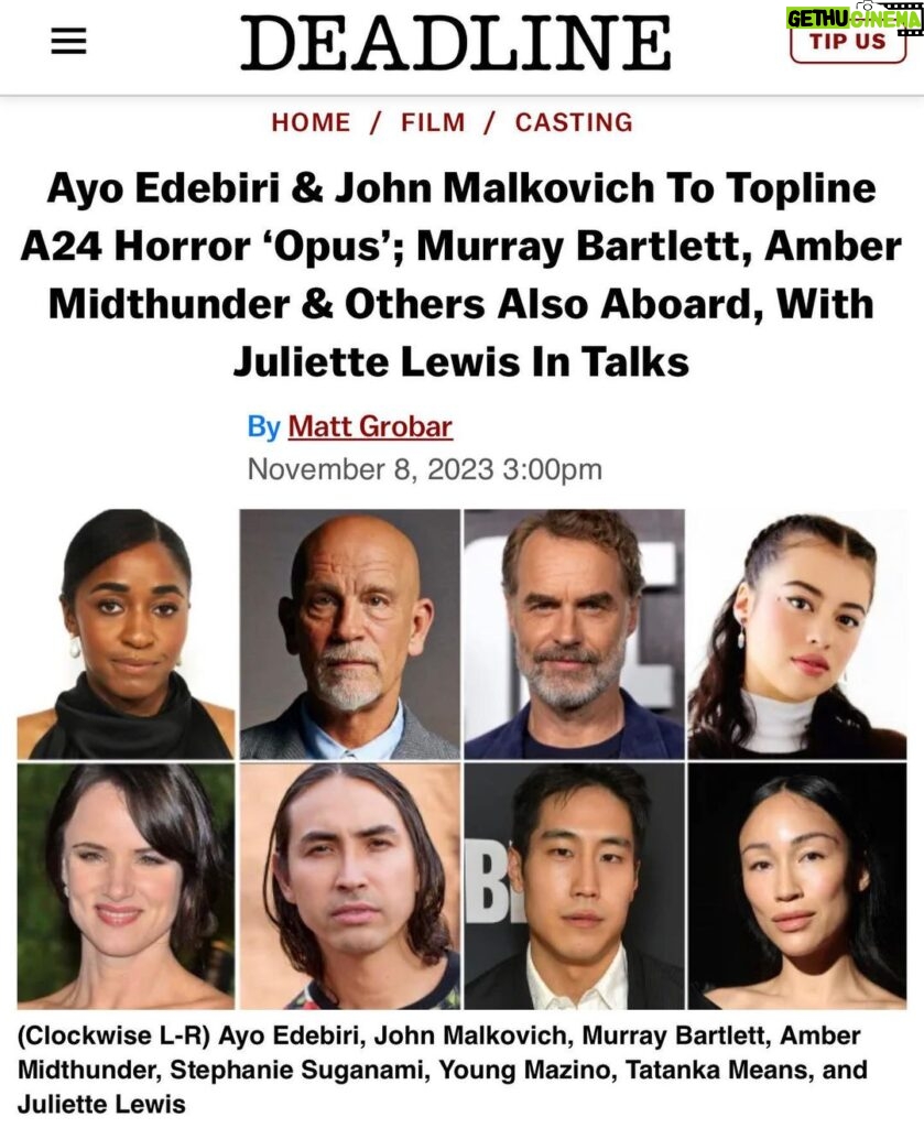 Tatanka Means Instagram - 🎞️ Excited to share this news🙏 Grateful to go back to work filming w an amazing cast & director and badass sister @ambermidthunder Thank you for the love n support ❤️‍🔥🎥 https://deadline.com/2023/11/opus-movie-ayo-edebiri-john-malkovich-murray-bartlett-1235597407/
