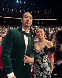 Tatanka Means Instagram - Incredible night. I was blessed to accompany my amazing sis-star @ambermidthunder to the EMMYs! Her film #Prey was nominated for best director Dan Trachtenberg ✨ Styled by @leonamizrahi Suit by @jackvictorofficial Earrings & broach @gismondi1754 Shoes @brunomagliofficial Thank you @appletv @applefilms representing #killersoftheflowermoon #EMMYs Peacock Theater