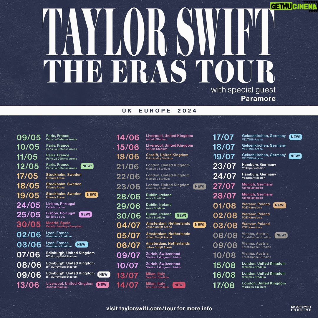 Taylor Swift Instagram - Really can’t contain my excitement because … we’re adding 14 new shows to The Eras Tour. And I get to travel the world doing shows with @paramore!! @yelyahwilliams and I have been friends since we were teens in Nashville and now we get to frolic around the UK/Europe next summer??? I’m screaming???