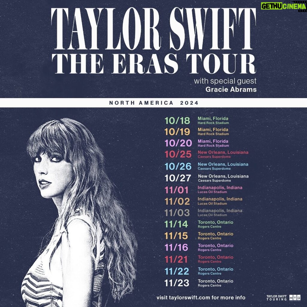 Taylor Swift Instagram - Turns out it’s NOT the end of an era 😝 Miami, New Orleans, Indy and Toronto: The Eras Tour is coming to you in 2024 with @gracieabrams! Verified fan registration for all shows is open now - visit TaylorSwift.com for more information
