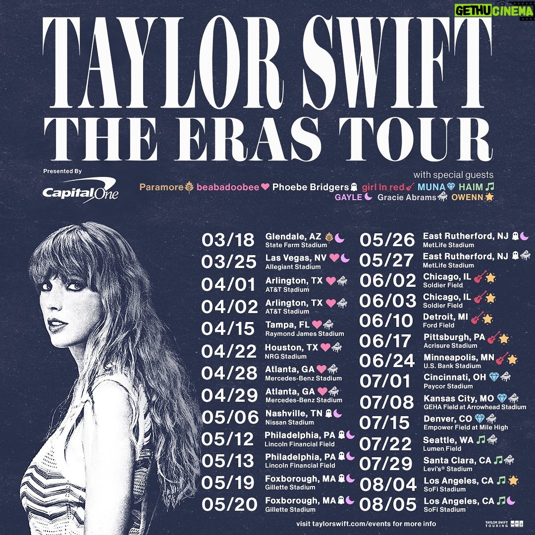 Taylor Swift Instagram - I’m enchanted to announce my next tour: Taylor Swift | The Eras Tour, a journey through the musical eras of my career (past and present!) The first leg of the tour will be in stadiums across the US, with international dates to be announced as soon as we can! Feeling like the luckiest person alive because I get to take these brilliant artists out on tour with me: @paramore, @radvxz, @phoebebridgers, @girlinred, @whereismuna, @haimtheband, @gracieabrams, @gayle and @owennmusic. I can’t WAIT to see your gorgeous faces out there. It’s been a long time coming 🥰