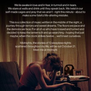 Taylor Swift Instagram - Midnights, the stories of 13 sleepless nights scattered throughout my life, will be out October 21. Meet me at midnight.