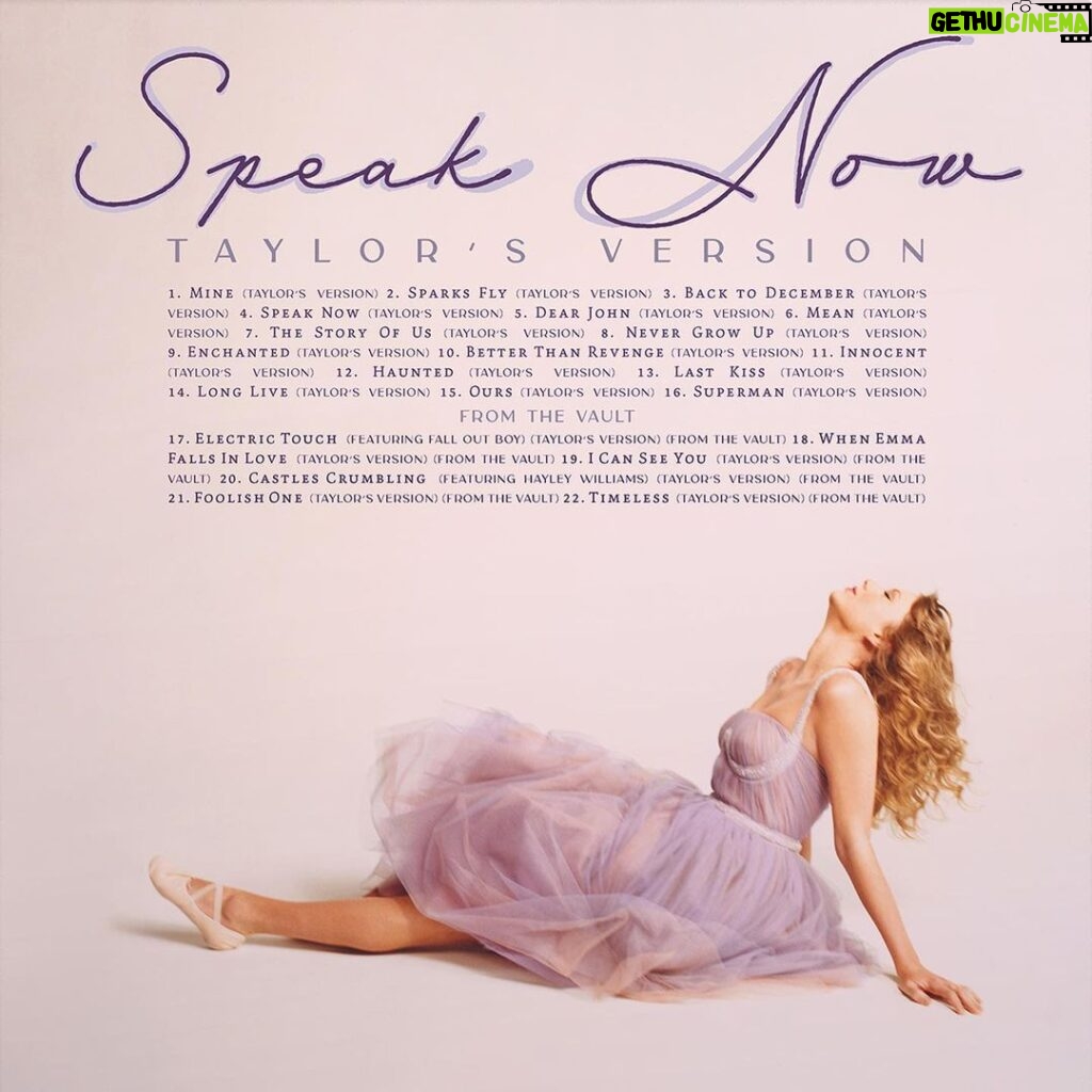 Taylor Swift Instagram - I’m VERY excited to show you the back cover of Speak Now (my version) including the vault tracks and collaborations with @yelyahwilliams from @paramore and @falloutboy. Since Speak Now was all about my songwriting, I decided to go to the artists who I feel influenced me most powerfully as a lyricist at that time and ask them to sing on the album. They’re so cool and generous for agreeing to support my version of Speak Now. I recorded this album when I was 32 (and still growing up, now) and can’t wait to unveil it all to you on July 7th. 📷: @bethgarrabrant