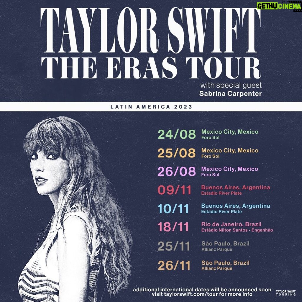 Taylor Swift Instagram - Really thrilled to tell you this!! Mexico, Argentina and Brazil: We are bringing The Eras Tour to you this year! Sweet angel princess @sabrinacarpenter will be joining us on all of the shows! Visit taylorswift.com/tour for more information on your registrations, pre-sales and on-sales.   LOTS more international dates to come soon, promise!