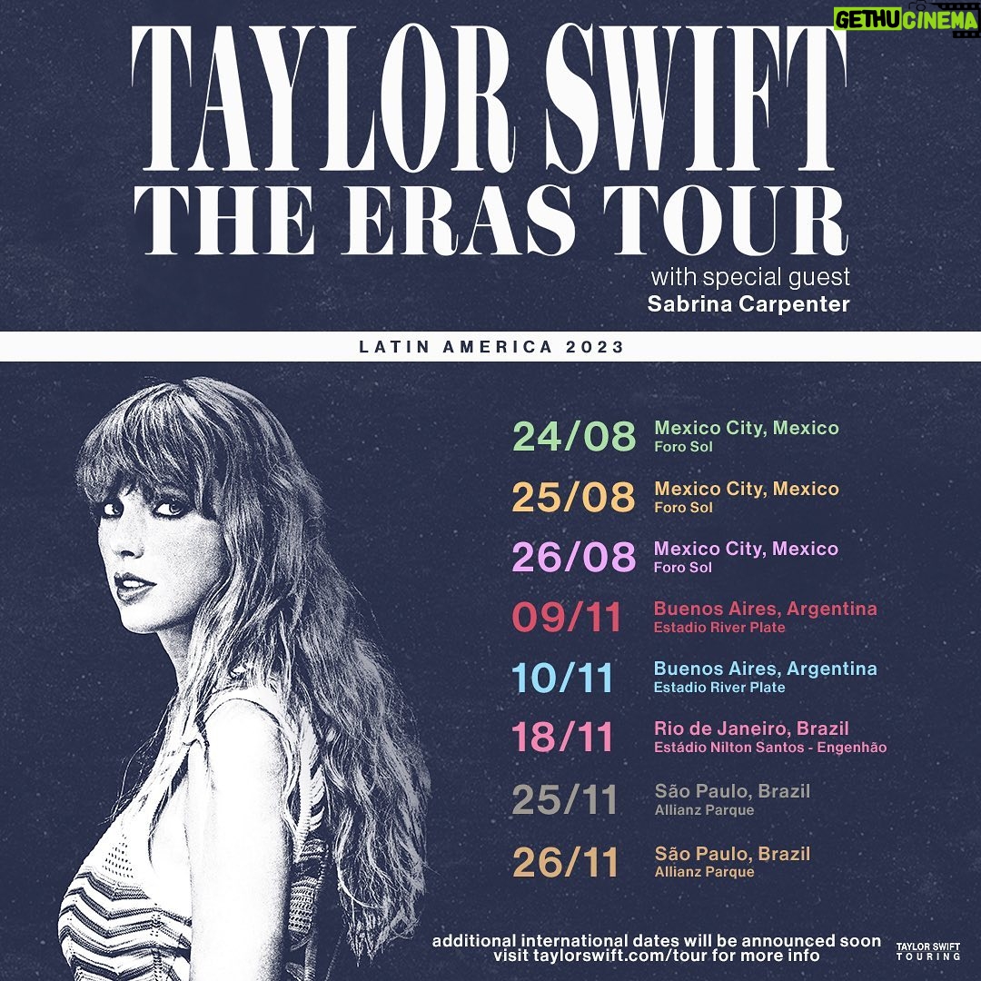 Taylor Swift Instagram - Really thrilled to tell you this!! Mexico, Argentina and Brazil: We are bringing The Eras Tour to you this year! Sweet angel princess @sabrinacarpenter will be joining us on all of the shows! Visit taylorswift.com/tour for more information on your registrations, pre-sales and on-sales. LOTS more international dates to come soon, promise!
