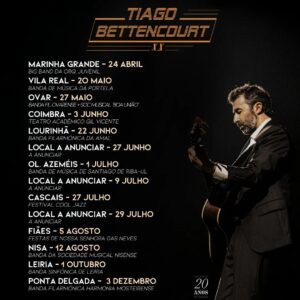 Tiago Bettencourt Instagram - Aqui estão as primeiras datas de concertos para este ano de celebração de 20 anos de carreira. Alguns concertos são com a minha querida banda com quem tenho espalhado amor e rock, noutros vou estar acompanhado por bandas filarmonicas de vários pontos do país. O primeiro concerto é já segunda-feira dia 24 de Abril na Marinha Grande e é o arranque deste projecto através do qual vou ter contacto directo com o papel social e educativo destas formações de músicos profissionais e amadores. 
Espero ver-vos pela estrada 🔥

Mais notícias brevemente...

📸@ferreirasebas
