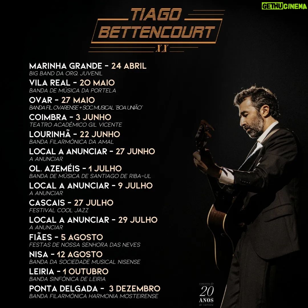 Tiago Bettencourt - 1.8K Likes - Aqui estão as primeiras datas de concertos para este ano de celebração de 20 anos de carreira. Alguns concertos são com a minha querida banda com quem tenho espalhado amor e rock, noutros vou estar acompanhado por bandas filarmonicas de vários pontos do país. O primeiro concerto é já segunda-feira dia 24 de Abril na Marinha Grande e é o arranque deste projecto através do qual vou ter contacto directo com o papel social e educativo destas formações de músicos profissionais e amadores.
Espero ver-vos pela estrada 🔥
Mais notícias brevemente...
📸@ferreirasebas