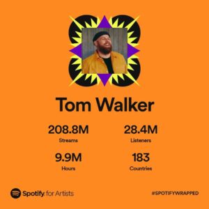 Tom Walker Instagram - Every year when #SpotifyWrapped comes along it blows me away! Doesn’t seem that long ago I was celebrating my first 100 streams on Spotify, I’m absolutely baffled that my music has been played over 208 million times this year!!! what even is that!?!? It’s bonkers. I honestly, properly appreciate all the love and support for everyone 😘😘