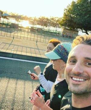 Tommy Little Instagram - This is my mate @annieyoungarts. I was stoked to be one of her guide runners today at the @gcmarathon. She achieved a 10kms PB and as you can see I was completely fine too and definitely not at all completely fucked by the end of it. Congrats Annie! ❤️