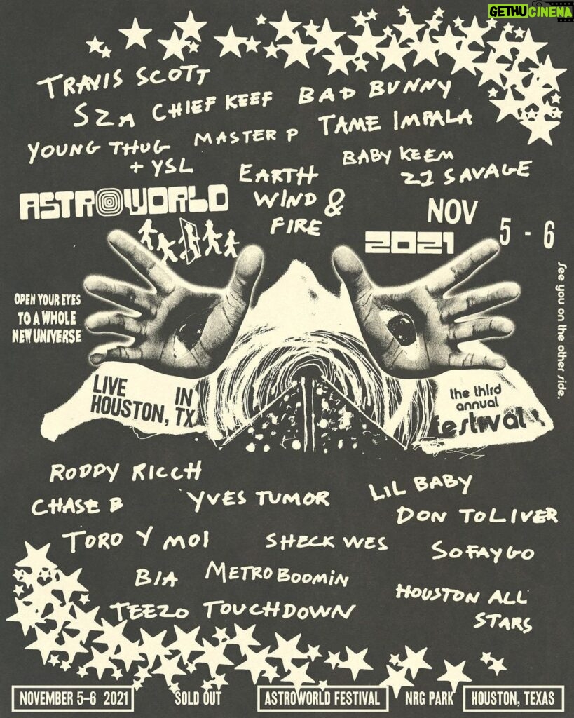 Travis Scott Instagram - NOVEMBER COME WONT YOU POP OUT AT THE FEST. 3RD ANNUAL ASTROWORLD FEST LINE IS NOW HERE. WELCOME TO UTOPIA WE MORPHED THE GROUNDS INTO A NEW UNIVERSE THIS YEAR CANT WAIT FOR YALLL TO SEEEE IT. AND IM BRINGING SOME AVENGERS WIT ME PS SHOW IS SOLD OUT BUT I FINESSED A BIT MORE FOR YALL LETS THE RAGGGGGEEEEEEEERSS FUCKING COMMENCE BASNNFKDJDJRVEBEHWH