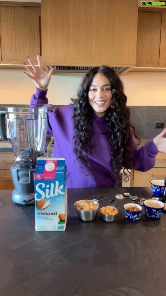 Vanessa Hudgens Instagram - #ad This smoothie is a whole vibe.   Your girl has partnered with @silk to bring you the Beige Not Boring Smoothie for their #FeelPlantyGood Challenge – a seven-day challenge that’s all about using tasty plant-based ingredients to start the day off right.   I love it and I hope you do too!   1/2 cup Silk Unsweet Almondmilk 1 frozen banana Canned chickpeas 2 tbsp cacao powder 2 tbsp maple syrup 1 tbsp peanut butter 1/2 tsp vanilla extract Ice   Join me to take on the Silk #feelplantygood Challenge and you could even win free breakfast for life! Go to the link in my bio to sign up, find my recipe and download a coupon! #healthyrecipes #recipes   NO PURCHASE NECESSARY. Open 50 US/DC, 18+. Ends 1/31. Rules: Challenge.Silk.com