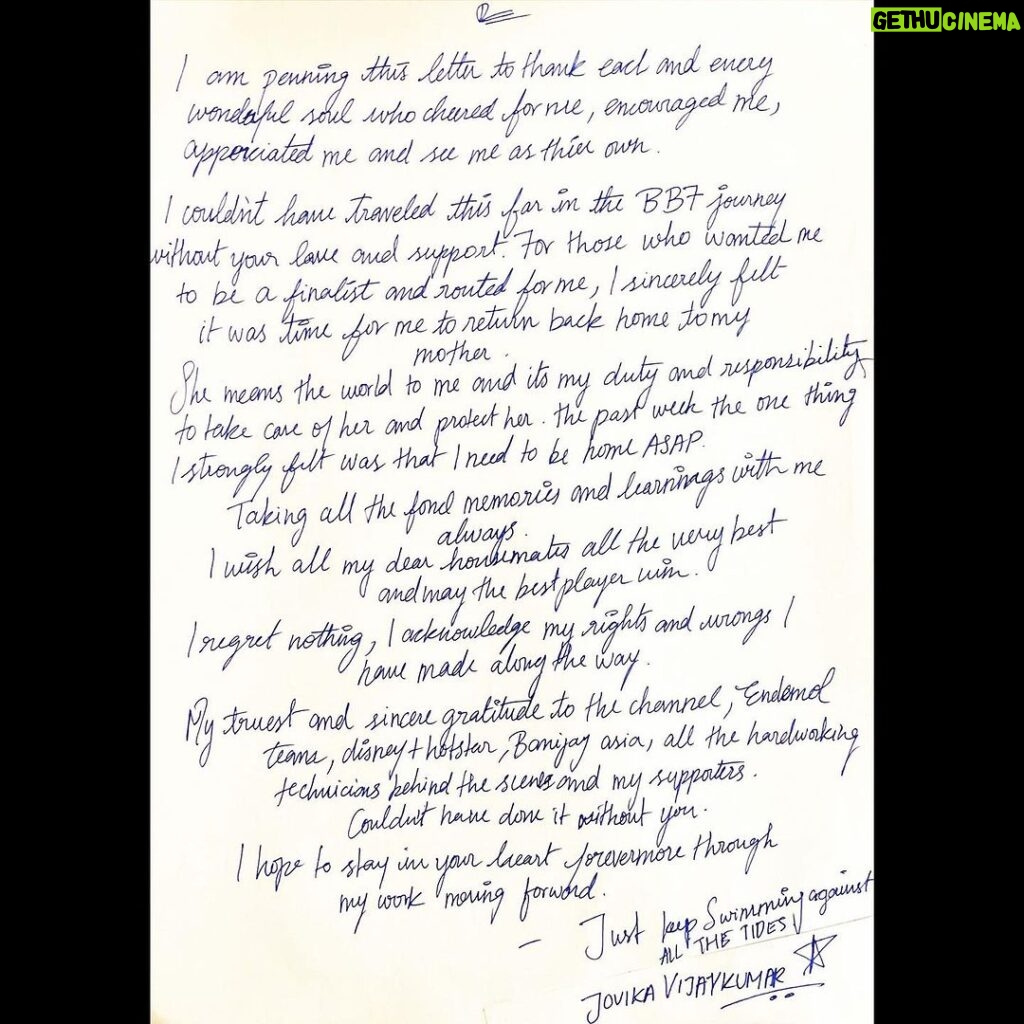Vanitha Vijayakumar Instagram - @jovika_vijaykumar hand written note to all the viewers fans and supporters #jovikavijayakumar #jovika #biggbosstamil #chennairains #BESAFE #KEEPSWIMMING