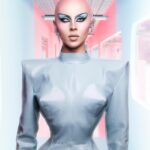 Vespi Instagram - 👽 CHAUVEMENT BELLE 👽 —— Tenue @anethablack / @monsieurmax_ Photo et retouche @thefrenchbeautyboy @cyrilpulizzi.photographe Création 3D @cwcn_design Pose faux crâne @thomykmakeup Matière @nona_source Lentilles @ttd_eye Boucle d’oreille par moi ——- Pour ce défilé j’ai travaillé avec @anethablack sur le concept d’une combinaison auto-suffisante dans un futur où l’eau et l’air ne serait pas accessible à tous.tes et que chaque être humain aurais besoin d’avoir sur lui son propre air et sa propre eau pour subsister. Cette robe aux lignes extrêmes et géométriques en jersey enduit protège donc la peau, contient des poches d’eau dans les hanches, un casque pour l’oxygène et donne une silhouette i-conique parce que même dans le futur on veut être snatched ! Évidemment référence à Barbie dans la colorimétrie et pour pousser le concept futuriste encore plus loin Chad et Cyril on travaillés avec @cwcn_design pour créer entièrement un décor à l’aide de logiciels 3D. Merci encore à @thomykmakeup Pour la pose du faux crâne 🥺 ——- #dragrace #dragracefrance #rupaulsdragrace #teamvespi #teamvespiche #vespi #drag #dragqueen #rpdr Futur