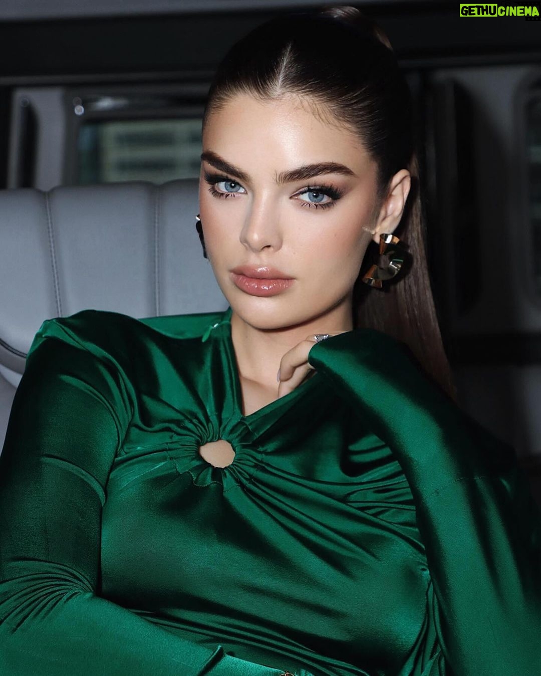 Victoria Beckham Instagram - My #VBMuse @NadiaFerreira looking so gorgeous in my B Jumbo Frame Belt in Black Croc-Effect, Gathered Detail Top in Emerald and signature black leather #VBChain (all available now!!). Kisses xx Shop now at VictoriaBeckham.com and at 36 Dover Street.