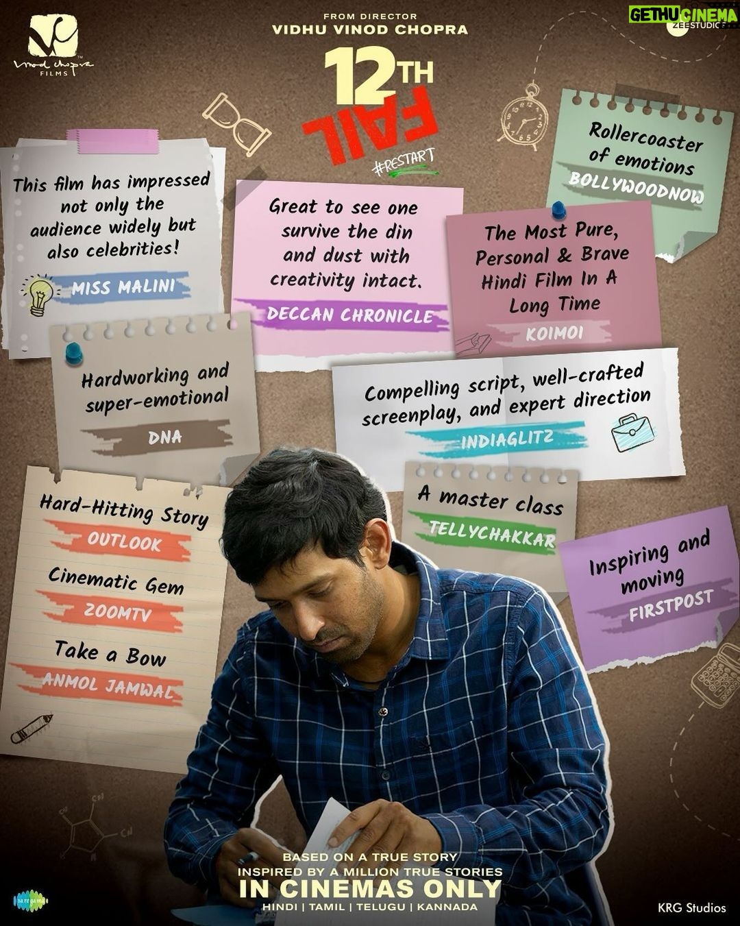 Vikrant Massey Instagram - Three weeks strong, and the love keeps pouring in! #12thFailInCinemas Book your tickets today! š (Link in bio) #ZeroSeKarRestart Watch #12thFail IN CINEMAS ONLY, a film inspired by a million true stories. šš„ @vidhuvinodchoprafilms @zeestudiosofficial @medhashankr @anantvjoshi @anshumaan_pushkar #VikasDivyakirti @arsgeeta @itsharishkhanna @priyanshuchatterjee @moitrashantanu @swanandkirkire @saregama_official @krgstudios