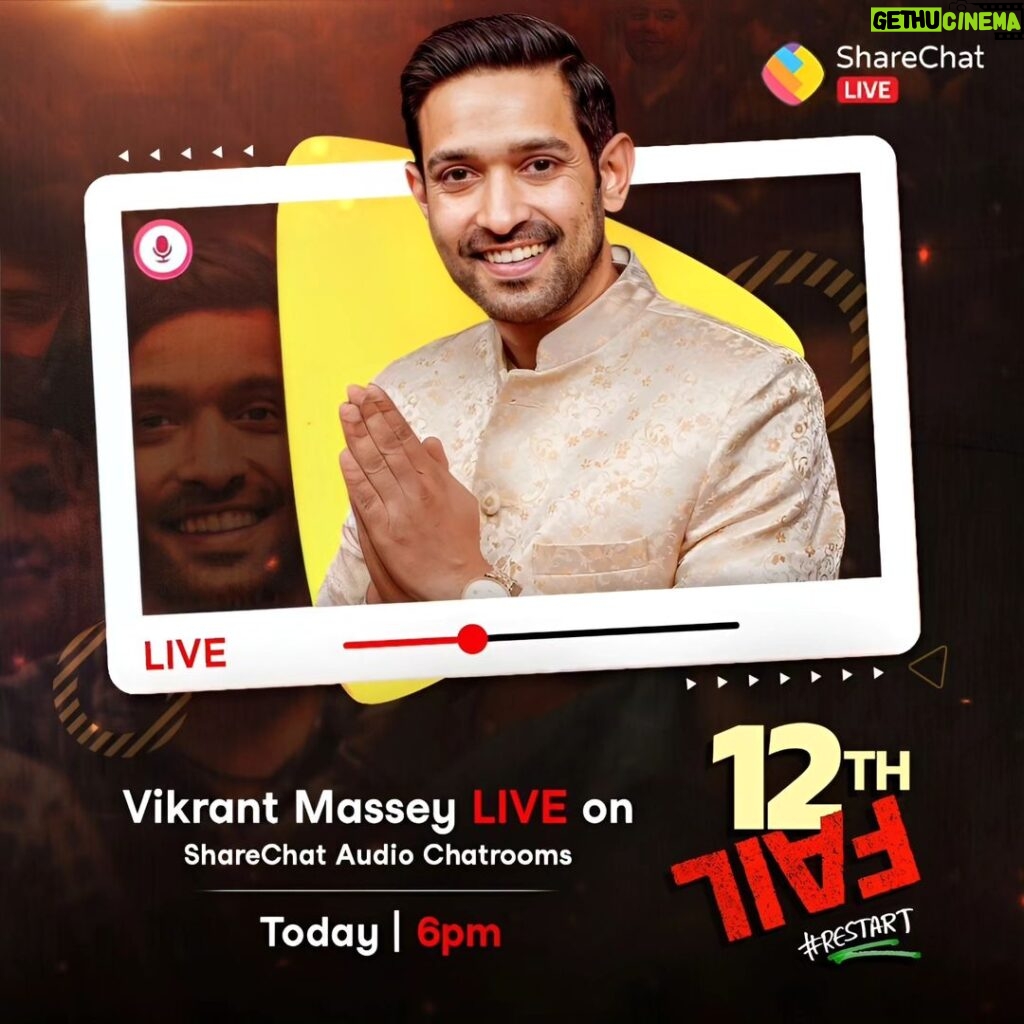 Vikrant Massey Instagram - The versatile actor who is always trending in our hearts is coming LIVE at 6 pm 🎙 #ShareChat #AajKyaTrendingHai #12thFail