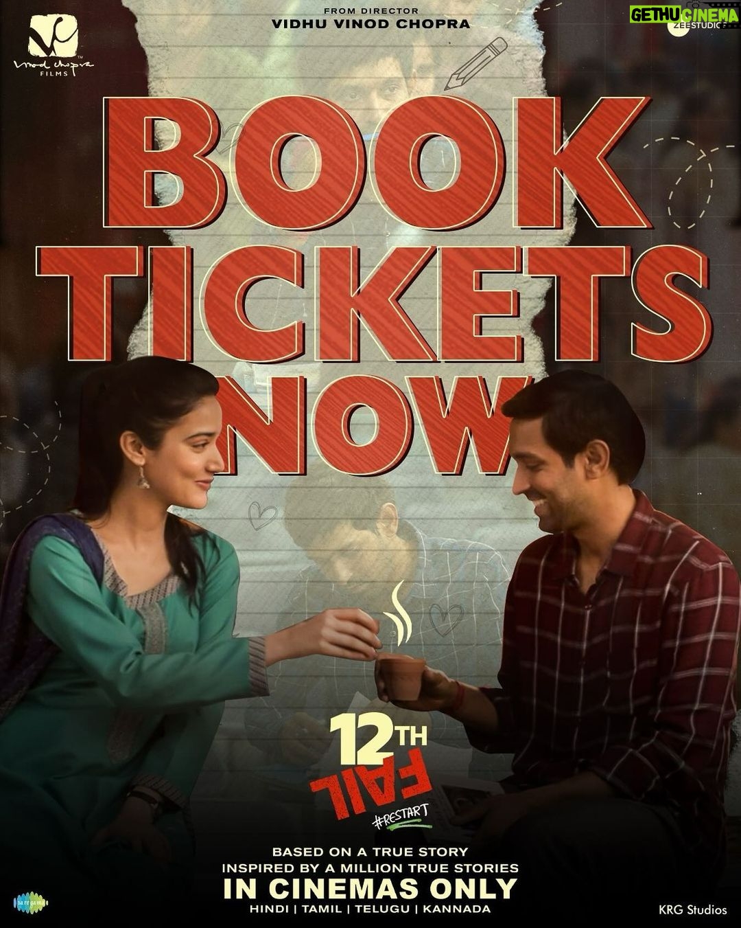Vikrant Massey Instagram - Witness the journey that's leaving a trail of inspiration wherever it goes β€οΈ #12thFailInCinemas Book your tickets today! π (Link in bio) #ZeroSeKarRestart Watch #12thFail IN CINEMAS ONLY, a film inspired by a million true stories. ππ₯ @vidhuvinodchoprafilms @zeestudiosofficial @medhashankr @anantvjoshi @anshumaan_pushkar #VikasDivyakirti @arsgeeta @itsharishkhanna @priyanshuchatterjee @moitrashantanu @swanandkirkire @saregama_official @krgstudios