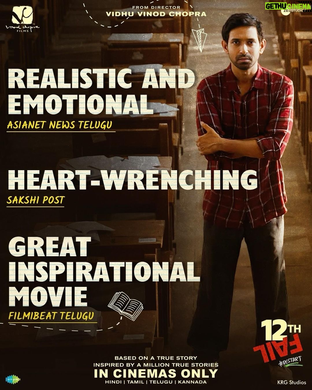 Vikrant Massey Instagram - Witness a journey of inspiration that's striking a chord with audiences everywhere β€οΈ #12thFailInCinemas Book your tickets today! π (Link in bio) #ZeroSeKarRestart Watch #12thFail IN CINEMAS ONLY, a film inspired by a million true stories. ππ₯ @vidhuvinodchoprafilms @zeestudiosofficial @medhashankr @anantvjoshi @anshumaan_pushkar #VikasDivyakirti @arsgeeta @itsharishkhanna @priyanshuchatterjee @moitrashantanu @swanandkirkire @saregama_official @krgstudios
