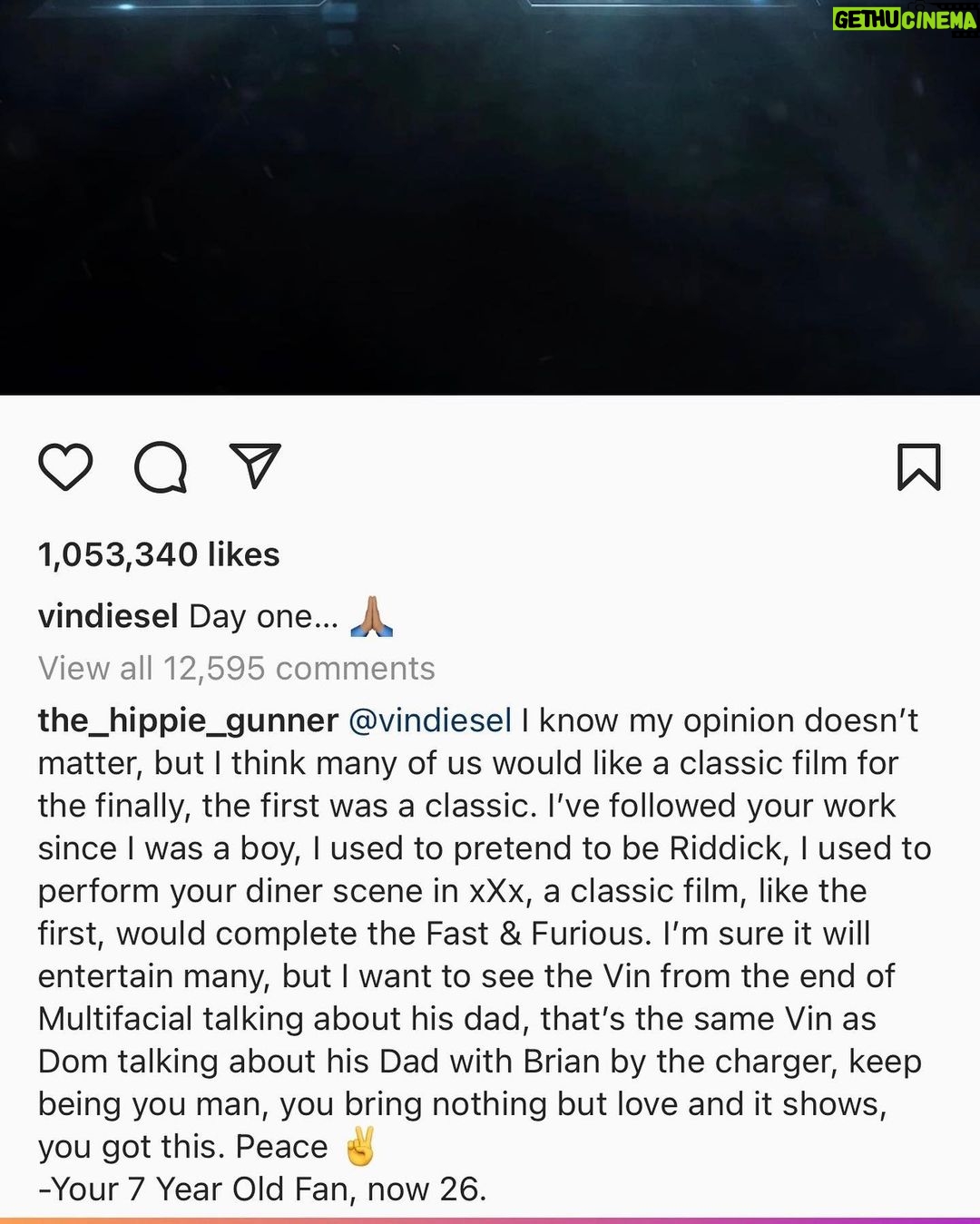 Vin Diesel Instagram - Give me a second to reflect… @the_hippie_gunner