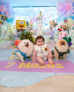 Vitória Moraes Instagram - Minhas vidas 💜 Como é gostoso fazer tudo isso por você nossa pequena! A gente se diverte muito e te ver sorrir é o meu combustível! Bob esponja, patrick, lula molusco, sirigueijo, garry, plâncton e nossa sandy!

Foto: @fabiana_monteiro_fotografia Decoração: @by_dianamota 
Personalizados de luxo: @welovemimos_personalizados 
Bolo e doces: @rabellocaique 
Lembrancinhas: @ateliebyneidebarbosa 
Flores: @lojabeatrizflores 
Painel de Led: @agenciae 
Painéis decorativos: @knartespaineis_ 
Projeto 3D: @dyovana.artista3d 
Iluminação: @casaliluminadoeventos 
Balões: @mixbaloes 
Piscina de bolinhas: @moveisdonafernanda
Esculturas grandes: @lacenografias 
Esculturas de biscuit: @libelula.artesanal