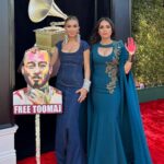 Yasmine Aker Instagram - This year, I had the honor of attending the Grammy’s with @azadeh.afsahi @shivaspix and @saraseyed — to be present for the award given to Shervin Hajipour @shervinine for his song "Baraye". A song that has united Iranians across the world. Thank you to @azadeh.afsahi for continuing to bring awareness to #toomajsalehi a rapper who is currently still in solidarity confinement for the simple act of his rap lyrics demanding justice for the people of Iran. Thank you to @weareuia for staying in contact with the Grammy’s and Shervin Jaan throughout the evening and creating the opportunity for us to participate. Thank you @azitamirjewelry for the beautiful human hair bracelet — Azita is an Iranian artist who collected the hair from women globally and created this piece as a symbolic armor against the Islamic Regime currently occupying Iran. The cuff bracelet is a symbol of female power and the fight for freedom, equal rights, and liberty. #womanlifefreedom #baraye #grammys #freetoomaj Grammy Red Carpet