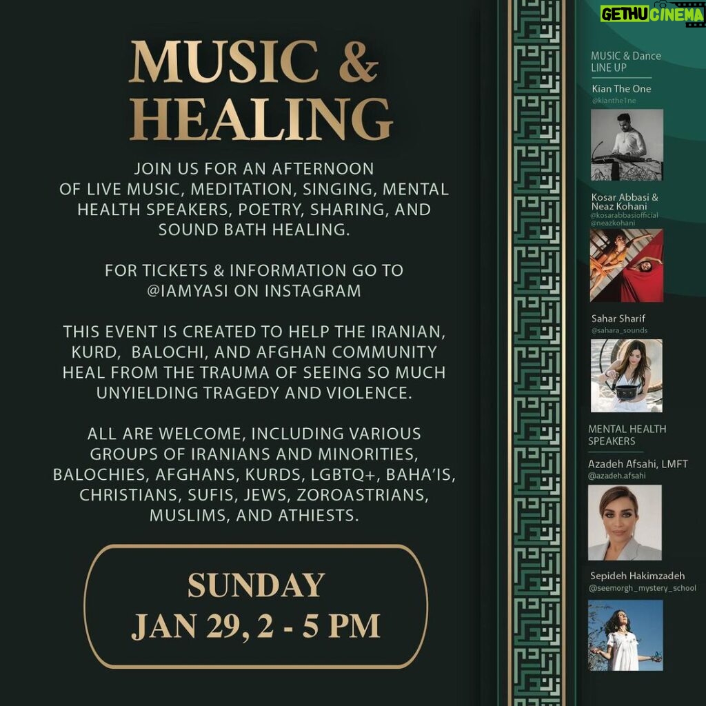 Yasmine Aker Instagram - Get your tickets before they sell out, on sale now on eventbrite. Link in Bio. Date:  Sunday Jan 29 Time: 2pm to 5pm Location:  Ladan's Wellness Sanctuary 200 North Robertson Boulevard ##102 Beverly Hills, CA 90211 Attire: cozy & comfortable ** Important ** (BYOBlanket) Bring your own BLANKET, floor pillows, and yoga mats, we will all be seated on the floor. Proceeds will be donated to @weareuia Some proceeds will go towards tipping musicians and performers who are volunteering their talent and services. Join us for an afternoon of Iranian culture, music, dance performance, poetry, mental health speakers, mediation, sharing, singing and sound bath to help all of us cope during this deeply traumatic time. This event is non-denominational and aims to celebrate all minorities and various groups of Iranians, including Balochis, Afghans, Kurds, LGBTQ+, Baha’is, Christians, Zoroastrians, Sufis, Jews, atheists and Muslims. Can people see the event if they cannot attend? Yes! This event will be live cast on Zoom & IG LIVE @iamyasi & @azadeh.afsahi & @grandmaster_ladan Musical performances by: Kian The One @kianthe1ne Sahar Sharif @sahara_sounds Donya Afshar @_donyaafshar_ Steven A Harm @stevenaharms Dave Kim @davekimmusic Justin Froese @justinfroese Mohammad Safaie @memodreamo Ashley Zarah @AshZarah Dance performances by: Neaz Kohani @neazkohani & Kosar Abbasi @kosarabbasiofficial Mental Health Speakers: Azadeh Afsahi, LMFT @azadeh.afsahi & Sepideh Hakimzadeh @seemorgh_mystery_school Event Organizers: Yasmine Aker @iamyasi Camyar Meshkaty @cmeshkaty Azadeh Afsahi, LMFT @azadeh.afsahi Sponsors: We Are UIA @weareuia & Grandmaster Ladan from Ladan's Wellness Sanctuary @ladanswellnesssanctuary @grandmaster_ladan & Sean Saeedian @ Beverly Hills Market @bhmarketanddeli Persian sweets, tea/coffee will be provided. #persianculture #iran #freeiran #soundbath #music #mentalhealth #healing #livemusic #meditation Beverly Hills, California
